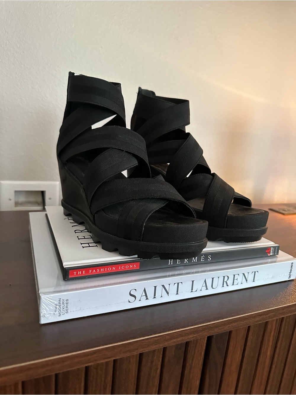 Sorel Joanie II Black Strappy Wedge Sandals